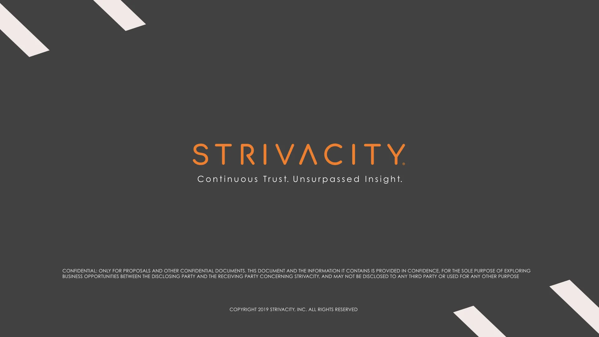 Strivacity style guide back page: orange wordmark and tagline on dark